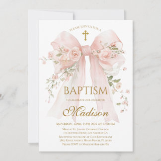 Invitation élégante de baptême à ruban floral rose