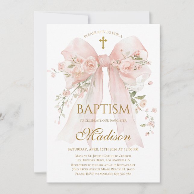 Invitation élégante de baptême à ruban floral rose (Devant)