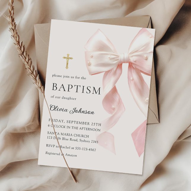 Invitation élégante de baptême fille avec un nœud  (Créateur téléchargé)