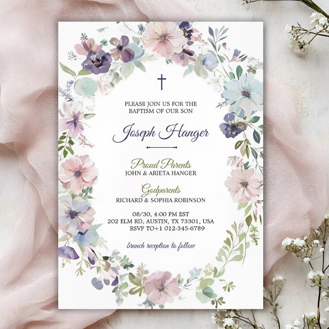 Invitation élégante de baptême floral  (Créateur téléchargé)