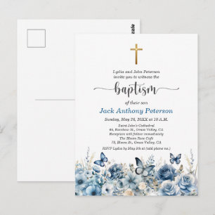 Invitation élégante de baptême florale bleue avec 
