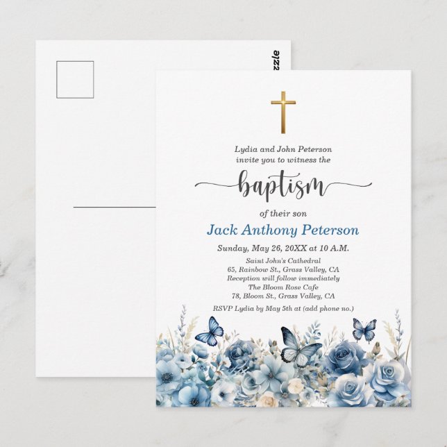 Invitation élégante de baptême florale bleue avec  (Devant / Derrière)