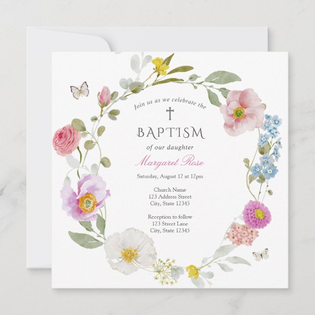 Invitation élégante de baptême papillon floral (Devant)