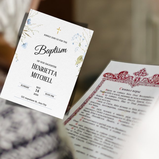 Invitation élégante de baptême pour bébé fille ("A elegant bilingual baptism invitation for a daughter, featuring the Orthodox Symbol of Faith.")