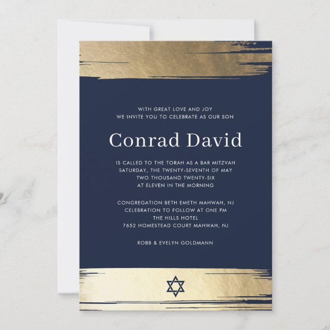 Invitation élégante de Bar Mitzvah bleu marine (Devant)