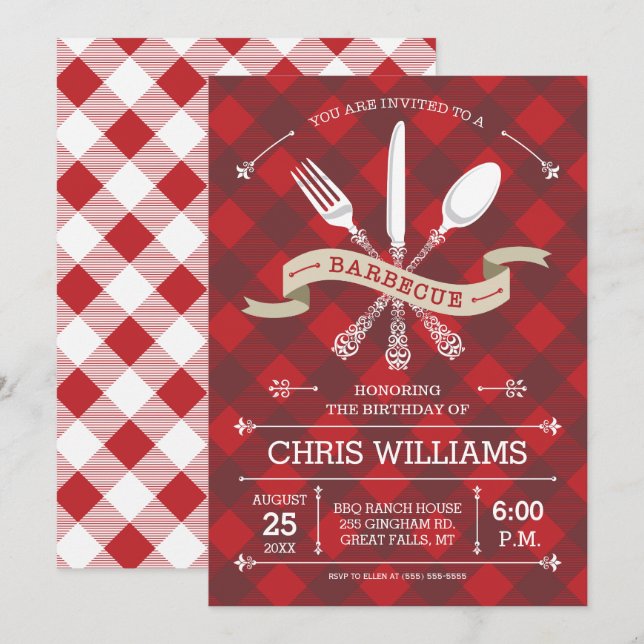 Invitation élégante de barbecue sur Gingham (Devant / Derrière)