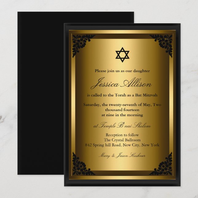 Invitation élégante de bat-mitzvah en or noir (Devant / Derrière)