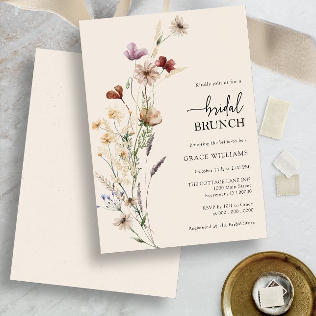 Invitation élégante de brunch de mariage bohème fl (Boho Floral Wildflower Elegant Bridal Brunch Invitation by Painted Paperie)