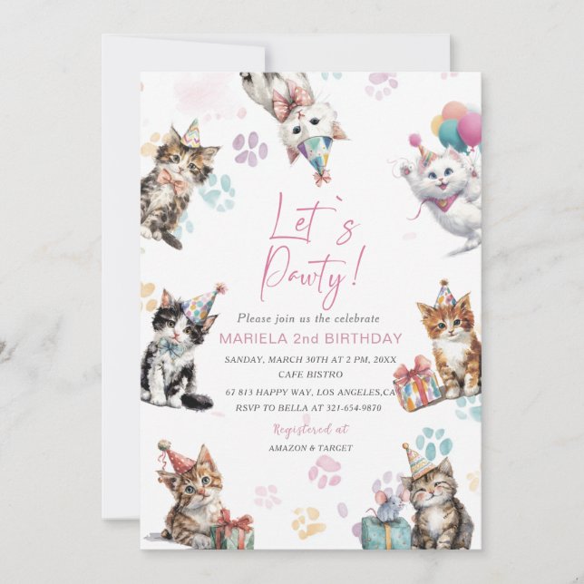 Invitation élégante de chaton à l'aquarelle pour 2 (Devant)