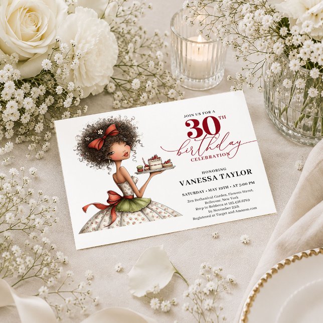 Invitation élégante de dessin animé pour les 30 an (Elegant Cartoon Woman 30th Birthday Deep Red Script Card

)