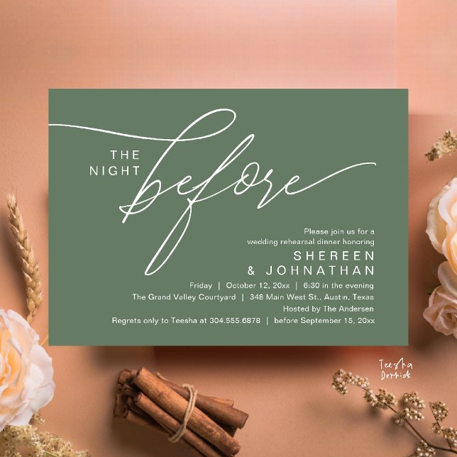 Invitation élégante de dîner de répétition de mari (Elegant Script Wedding Rehearsal Dinner Invitation Card in Sage Green)