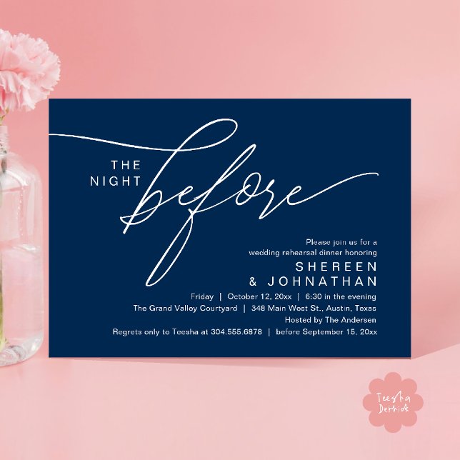 Invitation élégante de dîner de répétition de mari (Elegant Script Wedding Rehearsal Dinner Invitation Card in Navy Blue)