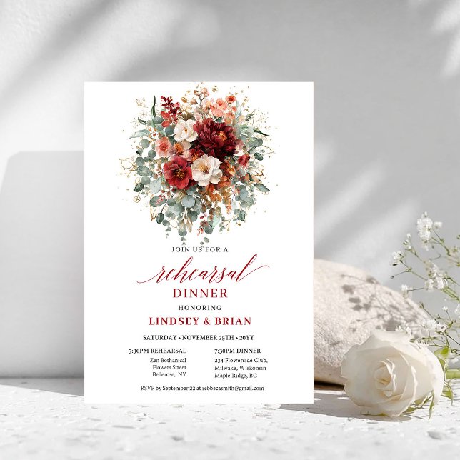 Invitation élégante de dîner de répétition florale (Terracotta Boho Fall Floral Rehearsal Dinner

)