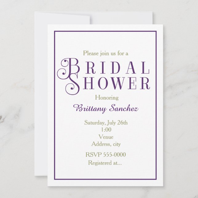 Invitation élégante de douche de mariée violet roy (Devant)