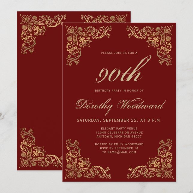Invitation élégante de fête d'anniversaire bordeau (Devant / Derrière)