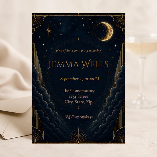 Invitation élégante de fête d'anniversaire Navy Go (Elegant navy and gold celestial birthday invitation with a glowing crescent moon and starry night.)
