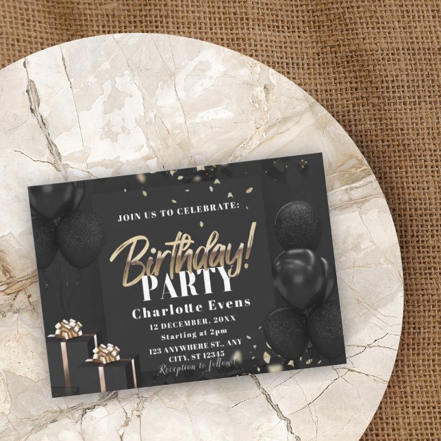 Invitation élégante de fête d'anniversaire noir et (Créateur téléchargé)