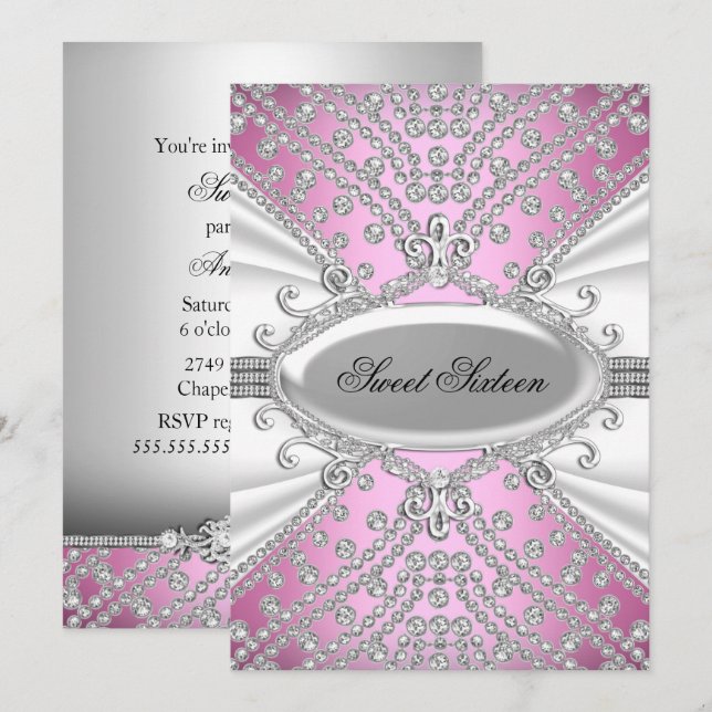 Invitation élégante de fête de 16 ans avec diamant (Devant / Derrière)