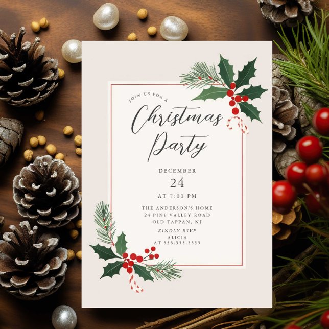 Invitation élégante de fête de Noël au houx (Créateur téléchargé)