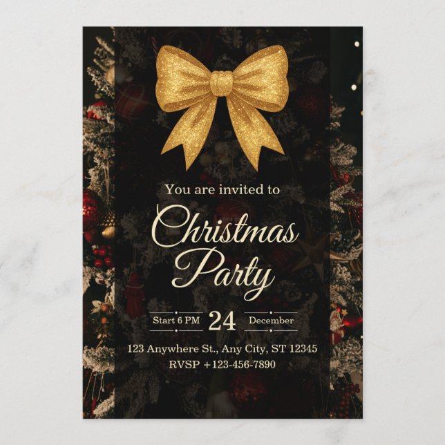 Invitation élégante de fête de Noël avec ruban dor (Devant)