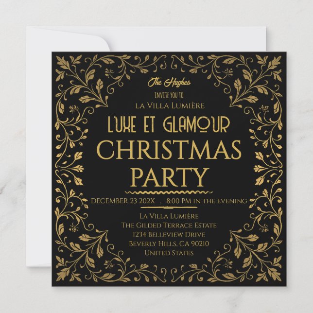 Invitation élégante de fête de Noël royale noire e (Devant)