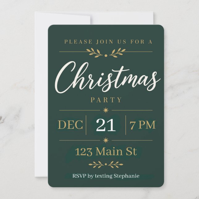 Invitation élégante de fête de Noël verte et dorée (Devant)