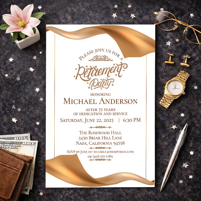 Invitation élégante de fête de retraite en or (Créateur téléchargé)