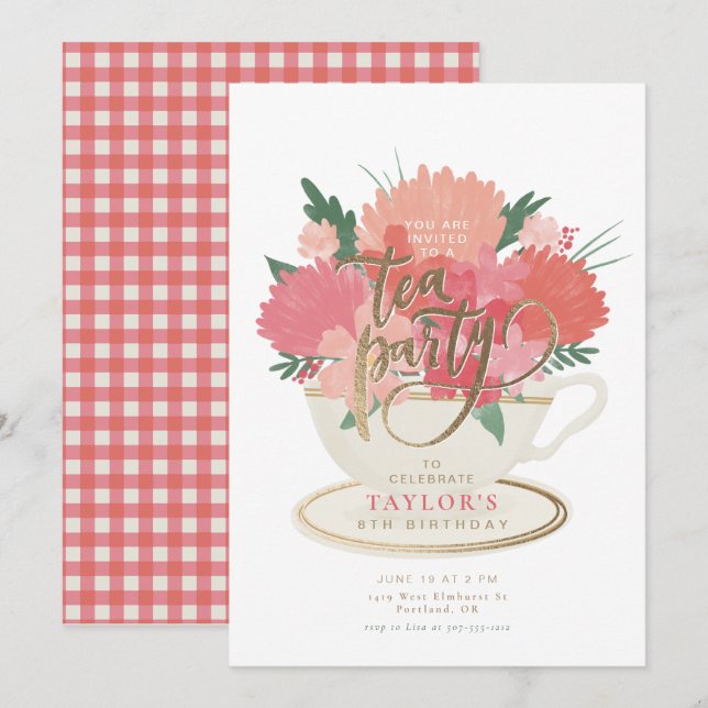 Invitation élégante de fête de thé à la tasse de f (Devant / Derrière)