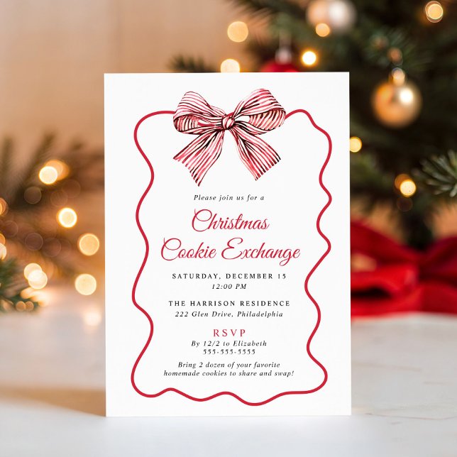 Invitation élégante de fête d'échange de biscuits  (Elegant Coquette Bow Christmas Cookie Exchange Invitation
)