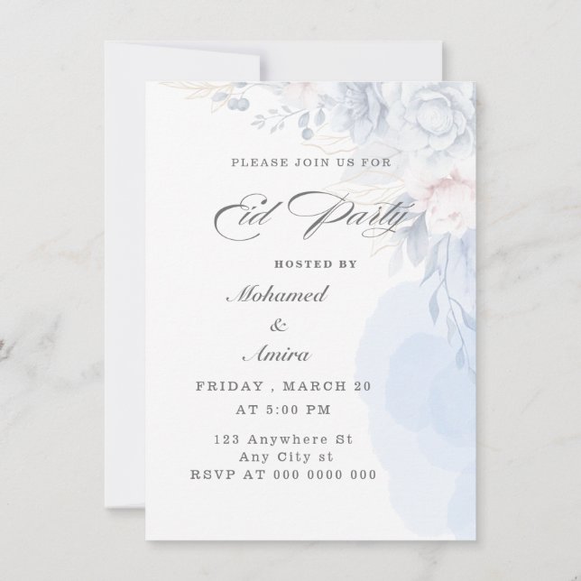 Invitation élégante de fête d'Eid à fleurs bleues (Dos)
