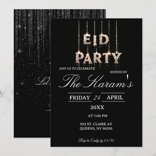 Invitation élégante de fête d'Eid noire moderne  (Devant / Derrière)