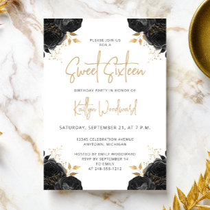 Invitation élégante de fête Sweet 16 en noir et or