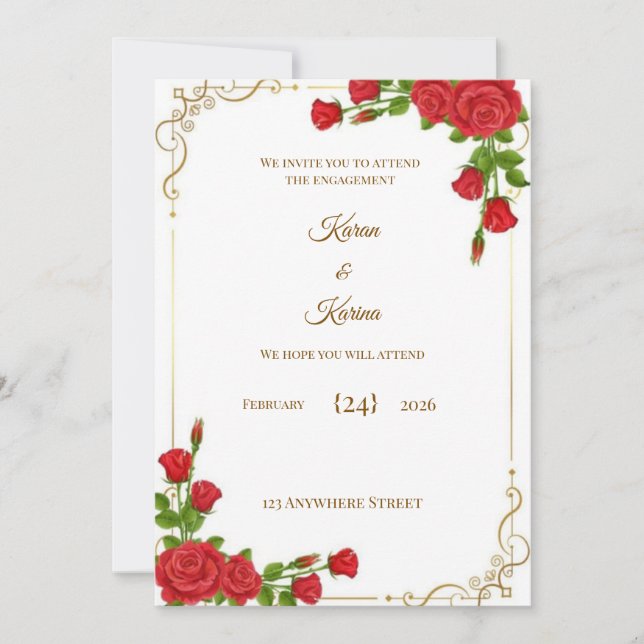 Invitation élégante de fiançailles Rose Rouge avec (Devant)