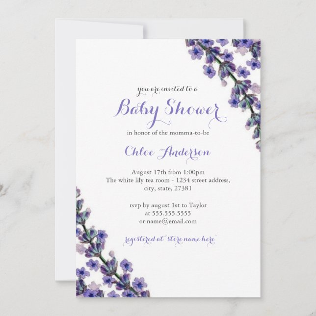 Invitation élégante de Lavande pour Baby Shower (Devant)