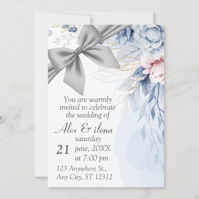 Invitation élégante de mariage bleu gris (Devant)