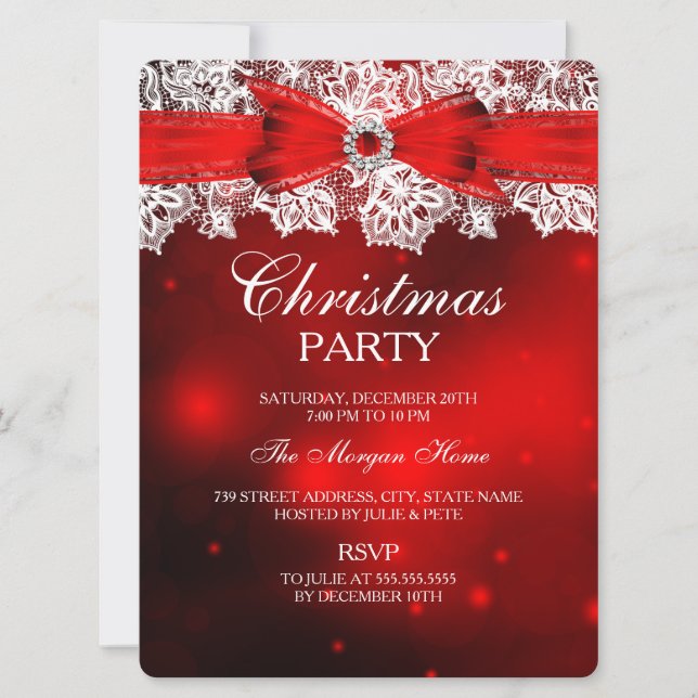 Invitation élégante de Noël avec dentelle et nœud (Devant)