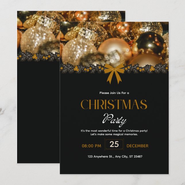 Invitation élégante de Noël en noir et or (Devant / Derrière)