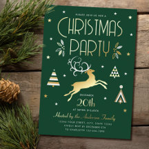 Invitation élégante de Noël en vert et or à motif