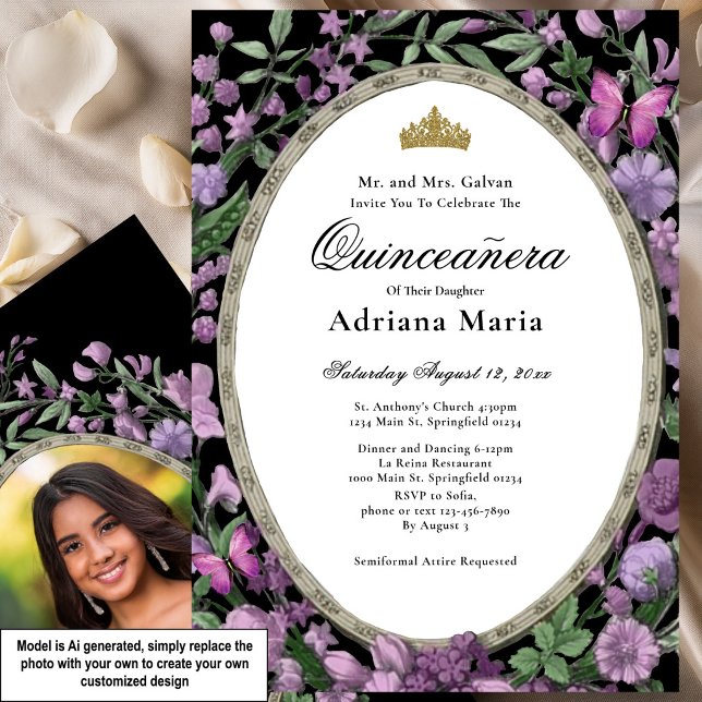 Invitation élégante de Quinceanera à fleurs roses (Créateur téléchargé)