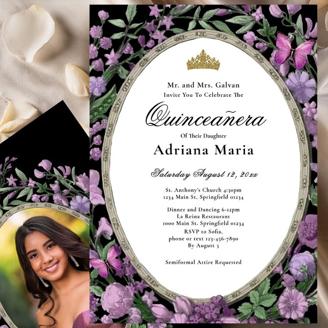 Invitation élégante de Quinceanera à fleurs roses (Créateur téléchargé)