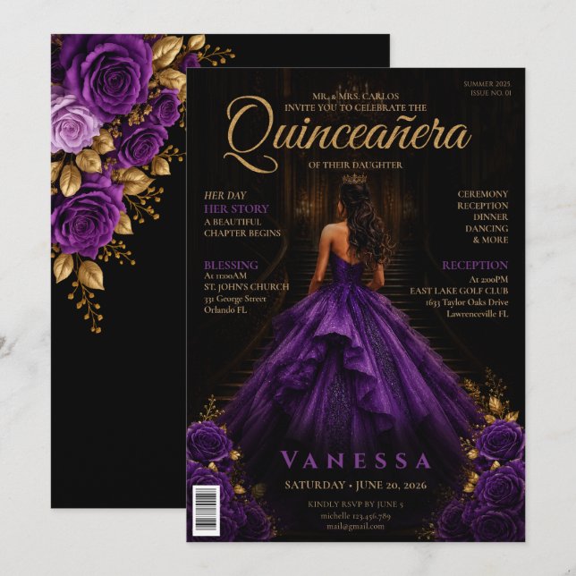 Invitation élégante de Quinceanera à la couverture (Devant / Derrière)
