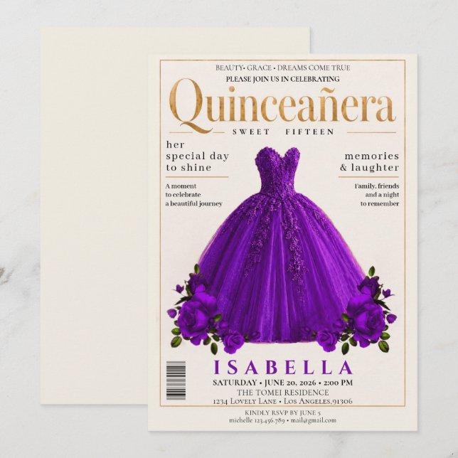 Invitation élégante de Quinceanera à la couverture (Devant / Derrière)