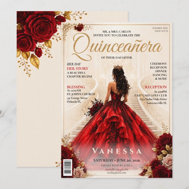 Invitation élégante de Quinceanera à la couverture (Devant / Derrière)