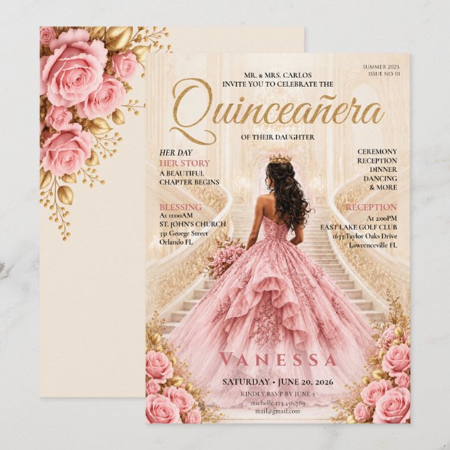 Invitation élégante de Quinceanera à la couverture (Devant / Derrière)