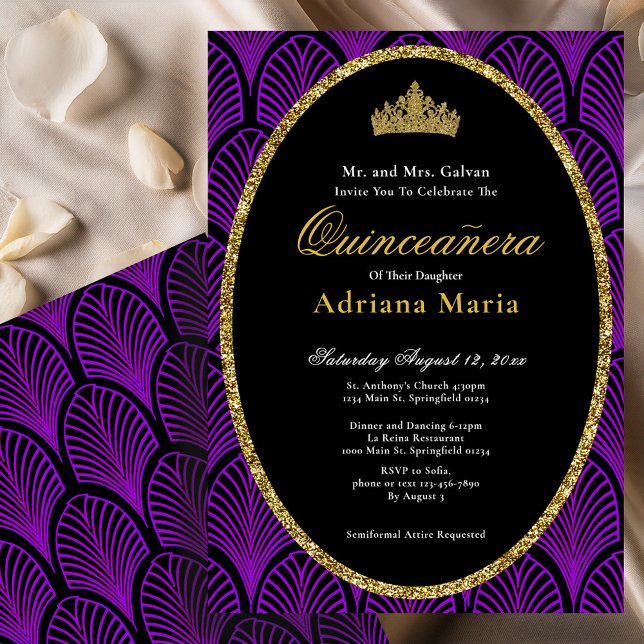 Invitation élégante de Quinceanera Art Déco violet (Créateur téléchargé)