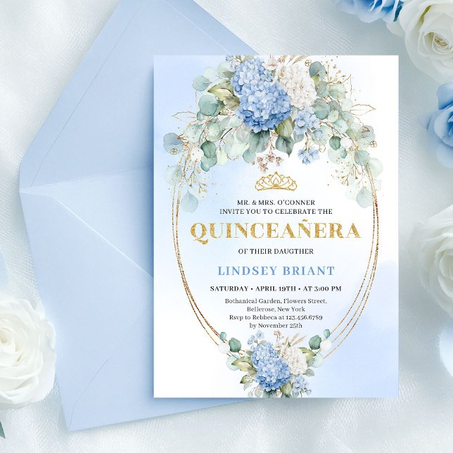 Invitation élégante de Quinceañera bleu hydrangea  (Elegant Blue Hydrangea Gold Quinceañera Invitation)
