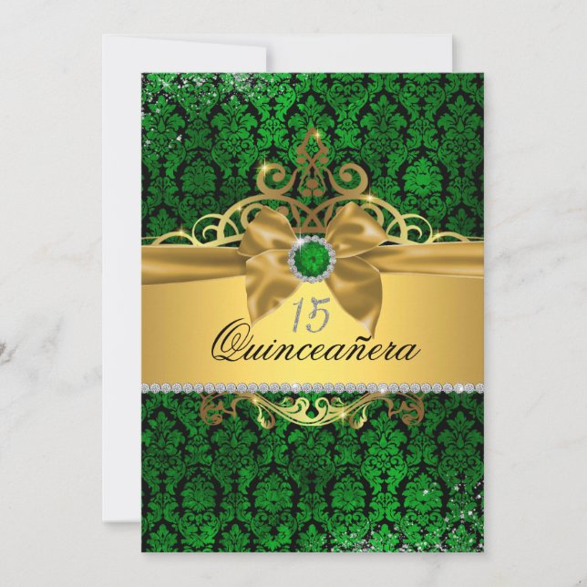 Invitation élégante de Quinceanera en damas or ver (Devant)