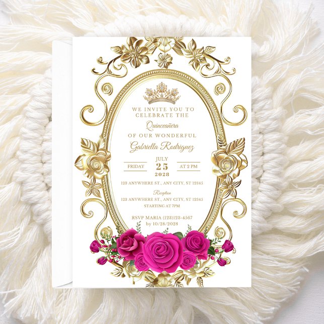 Invitation Élégante de Quinceañera Fleurie Or Rose (Créateur téléchargé)
