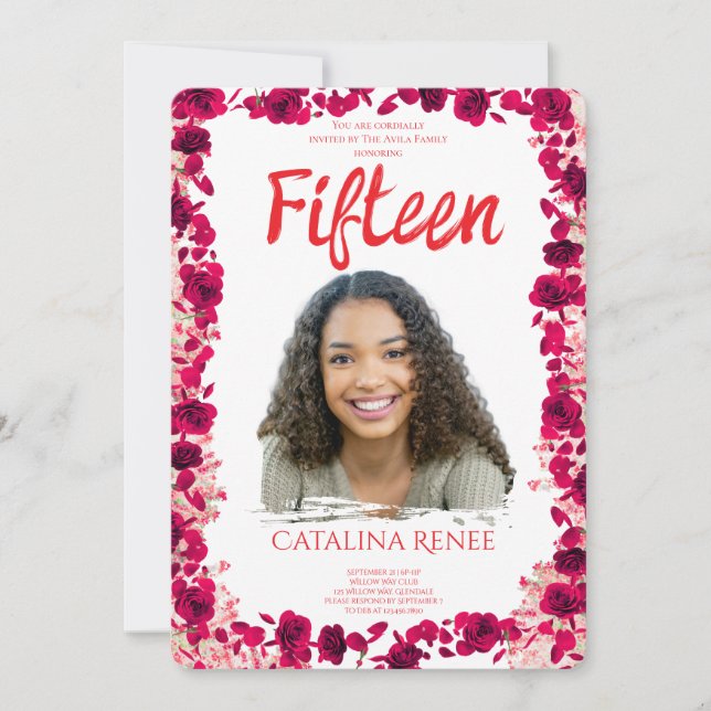 Invitation élégante de Quinceañera florale rose (Devant)