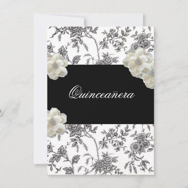 Invitation élégante de Quinceanera noir et blanc (Devant)